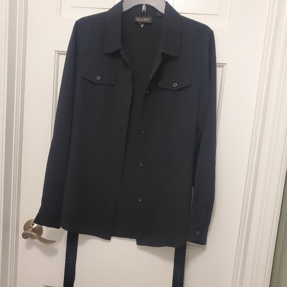 New York & Company Black Button Front With Tie Shirt Size Large - Picture 8 of 9